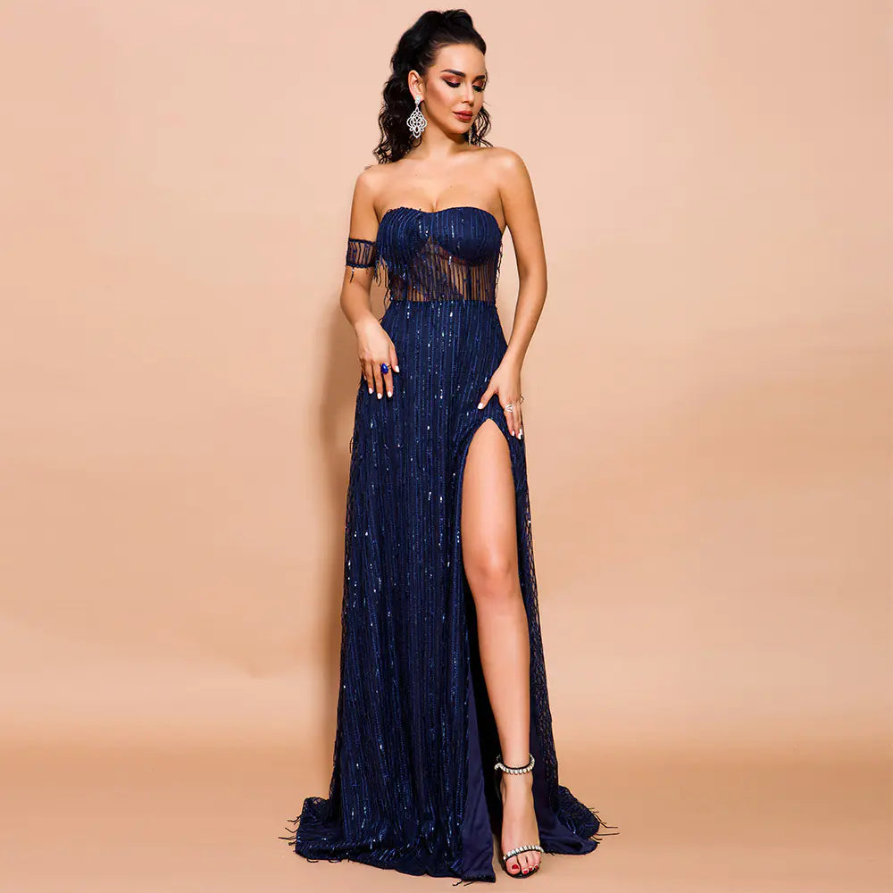 Sequined Off-Shoulder Dress with Back Fringes