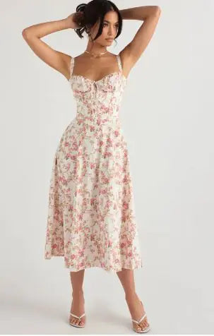 Plain and Floral Print Strappy Dress