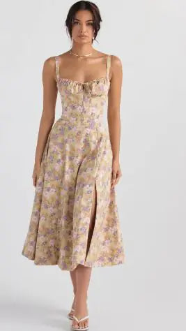Plain and Floral Print Strappy Dress