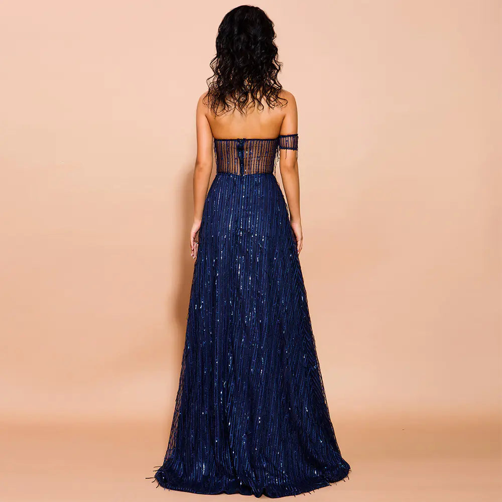 Sequined Off-Shoulder Dress with Back Fringes