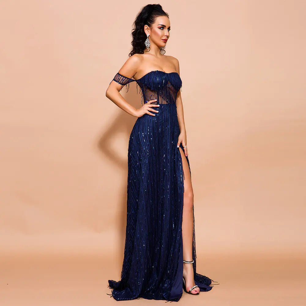 Sequined Off-Shoulder Dress with Back Fringes
