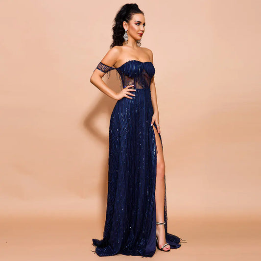 Sequined Off-Shoulder Dress with Back Fringes